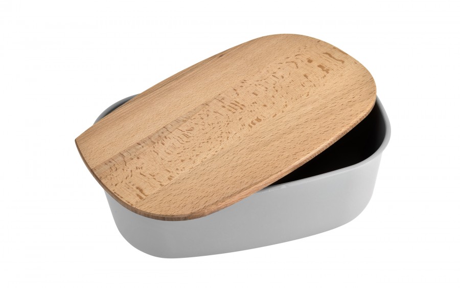 Pojemnik na pieczywo z drewnianą pokrywą szary