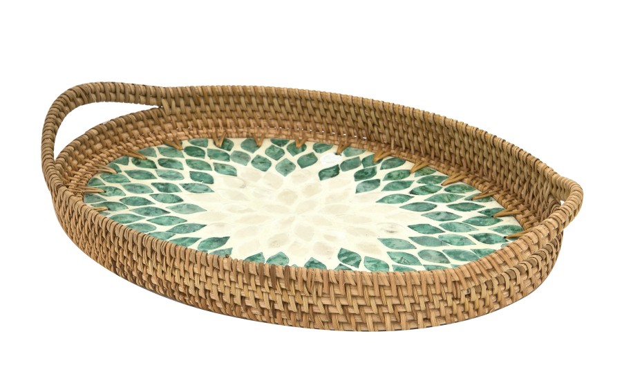 Taca dekoracyjna rattanowa 35,5x26x4cm Natural turkusowa owalna