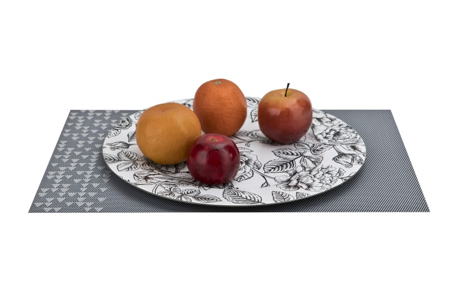 Talerz dekoracyjny plastikowy 33 cm biały w czarne kwiaty 171842