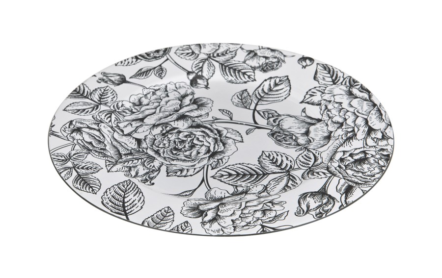 Talerz dekoracyjny plastikowy 33 cm biały w czarne kwiaty 171842