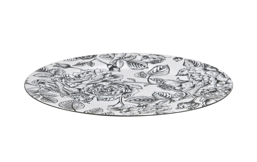Talerz dekoracyjny plastikowy 33 cm biały w czarne kwiaty 171842