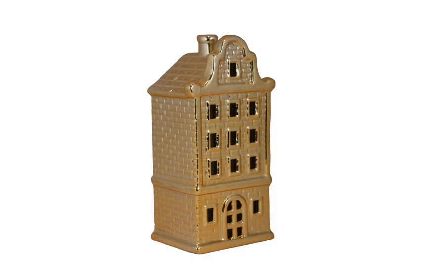 Ceramiczna ozdoba Kamieniczka LED świecąca złota duża 20 cm