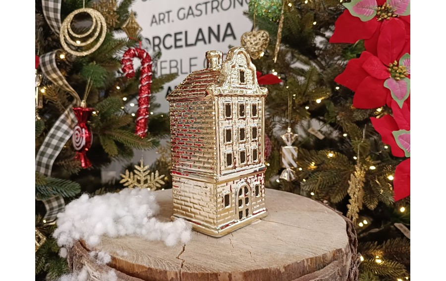 Ceramiczna ozdoba Kamieniczka LED świecąca złota duża 20 cm