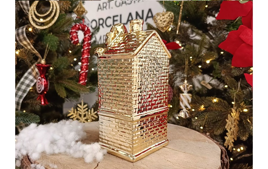 Ceramiczna ozdoba Kamieniczka LED świecąca złota duża 20 cm