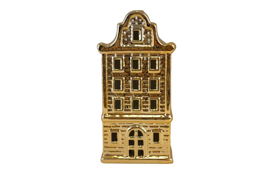 Ceramiczna ozdoba Kamieniczka LED świecąca złota duża 20 cm