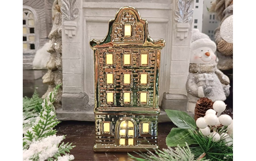 Ceramiczna ozdoba Kamieniczka LED świecąca złota duża 20 cm