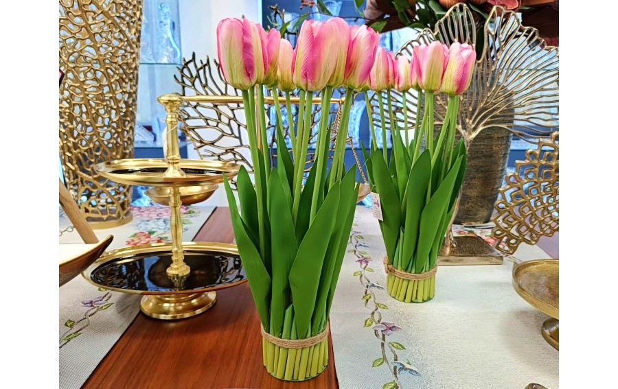 Bukiet 12 sztucznych tulipanów 38 cm różowo-białe