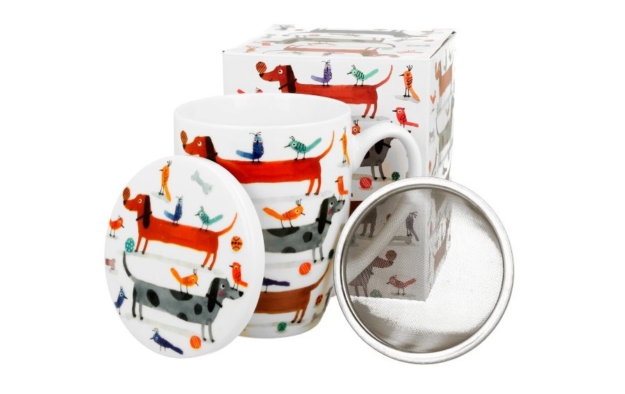 Kubek porcelanowy 360 ml z zaparzaczem Długie Psy