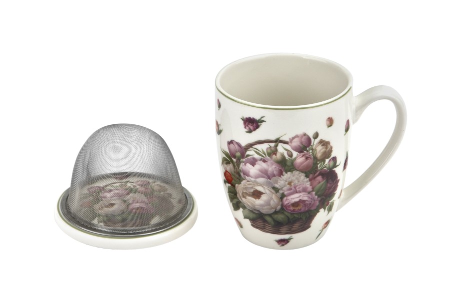 Kubek porcelanowy 360 ml z zaparzaczem Kwiaty Piwonie