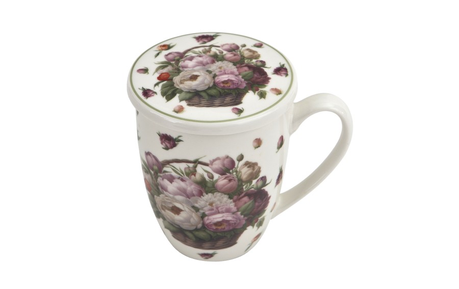 Kubek porcelanowy 360 ml z zaparzaczem Kwiaty Piwonie