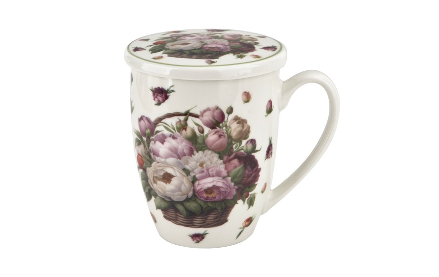 Kubek porcelanowy 360 ml z zaparzaczem Kwiaty Piwonie