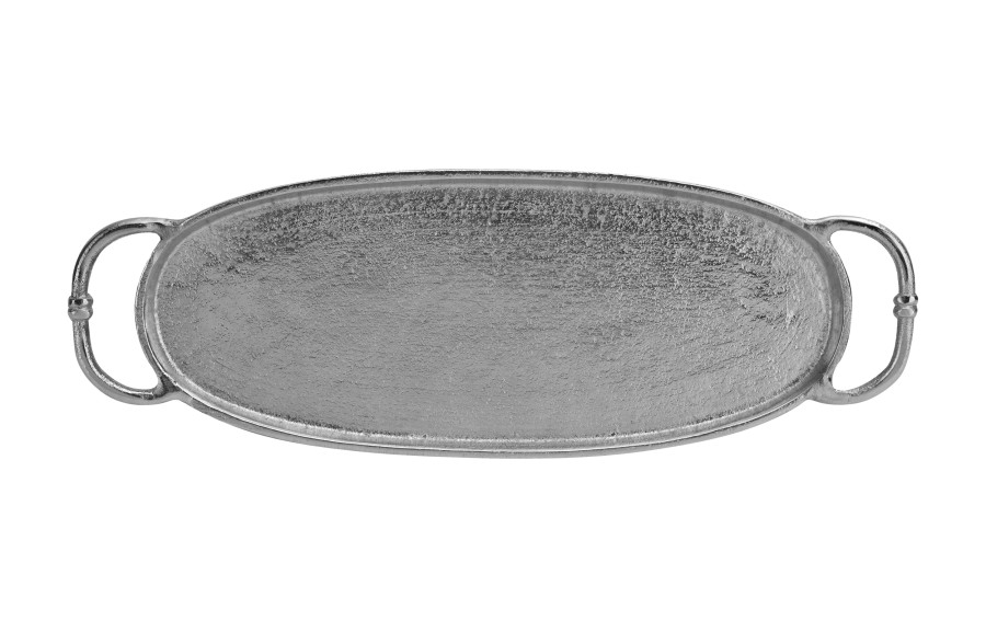 Taca ozdobna patera metalowa z uchwytem srebrna 43 cm