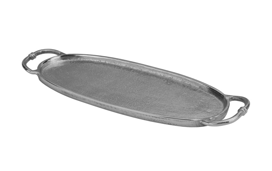 Taca ozdobna patera metalowa z uchwytem srebrna 43 cm