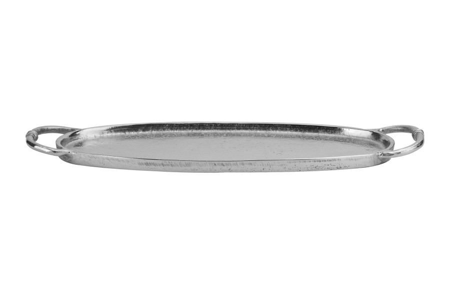 Taca ozdobna patera metalowa z uchwytem srebrna 43 cm