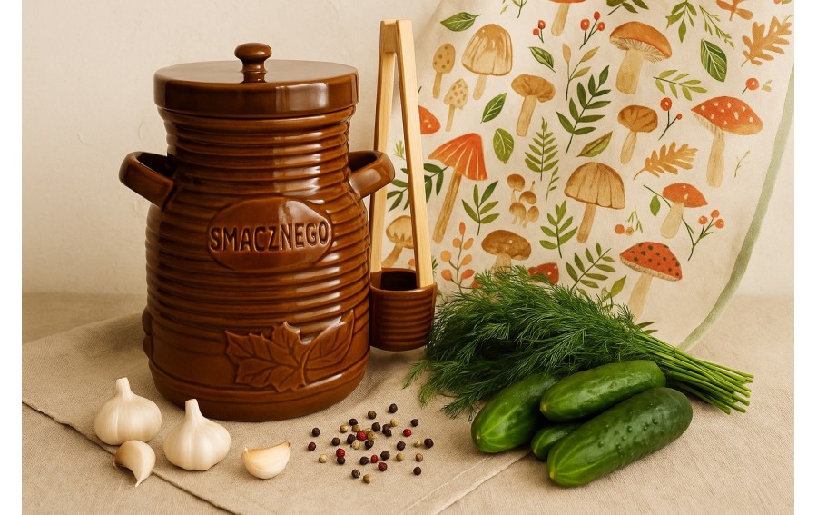 Pojemnik ceramiczny 3,5 L na ogórki ze szczypcami Smacznego 3163