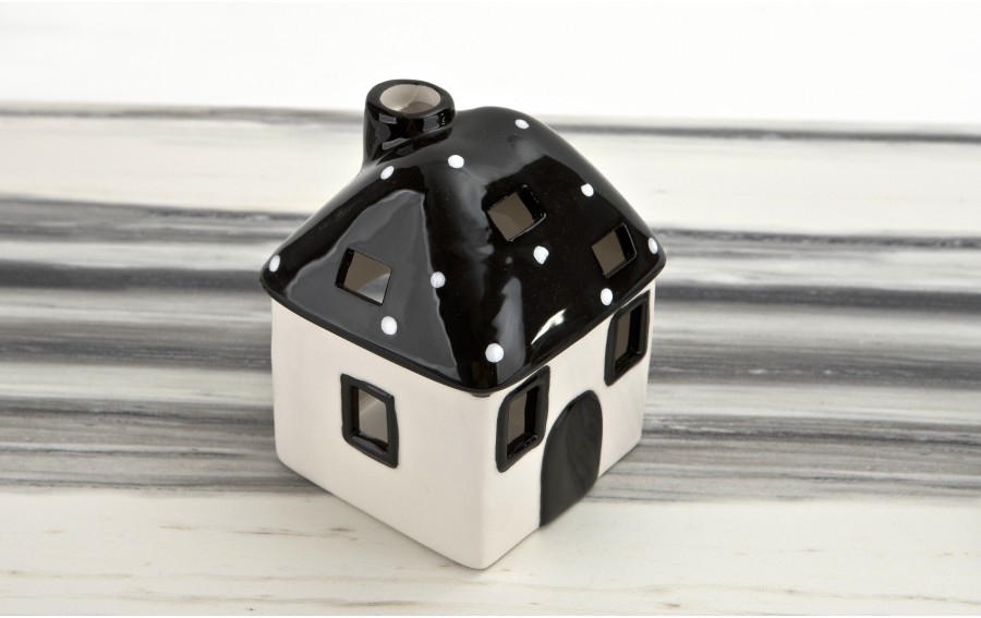 Domek ceramiczny na t-light czarno-biały 15 cm