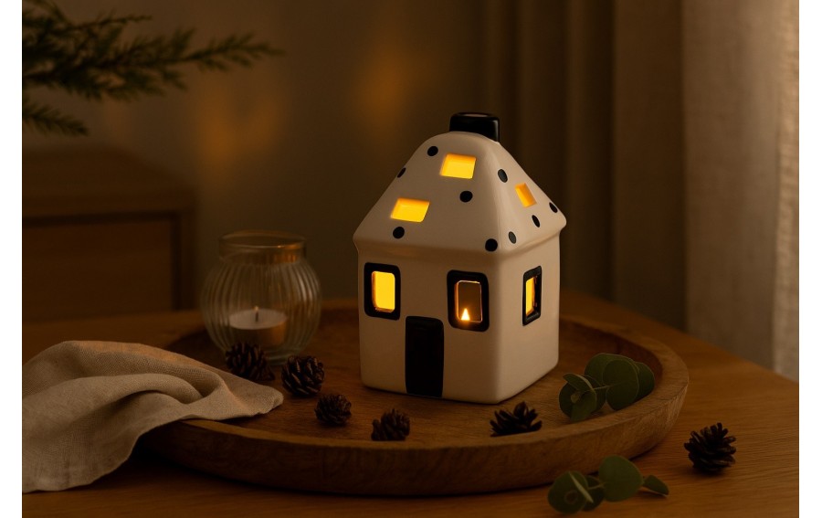 Domek ceramiczny na t-light biało-czarny 11 cm