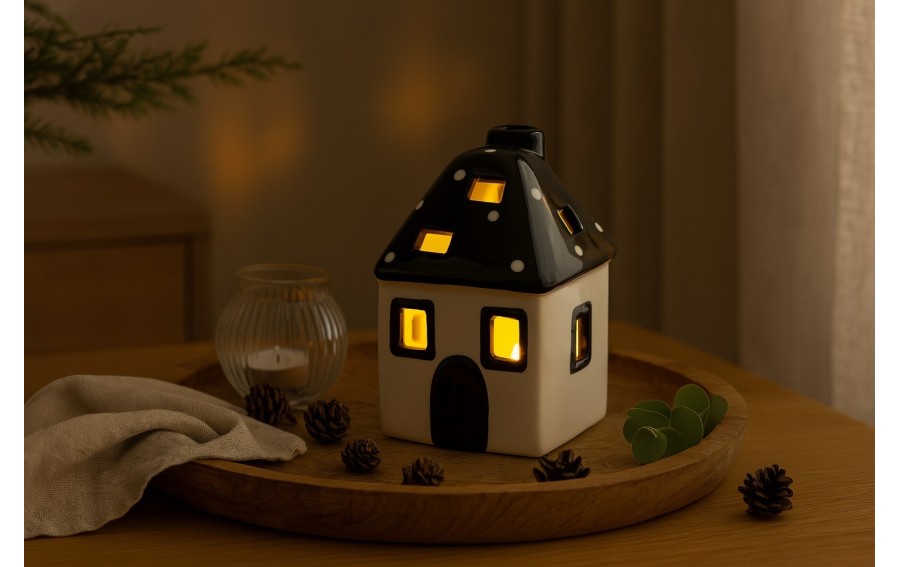 Domek ceramiczny na t-light czarno-biały 15 cm