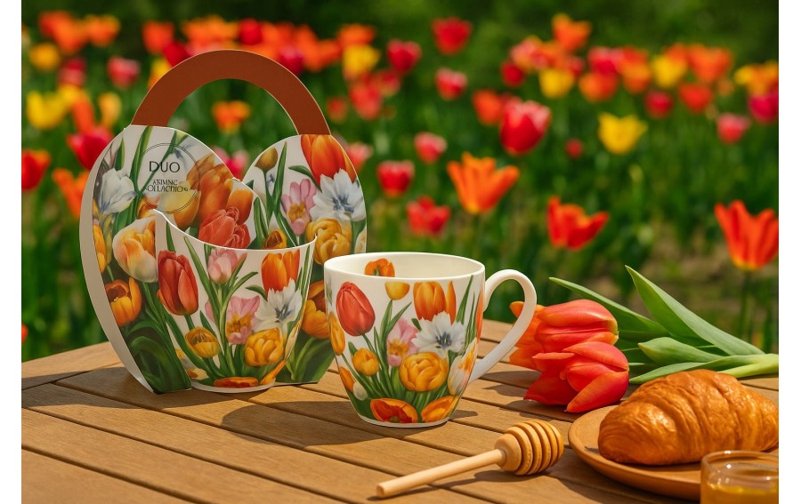 Kubek porcelanowy 460 ml Tulipany w koszyczku
