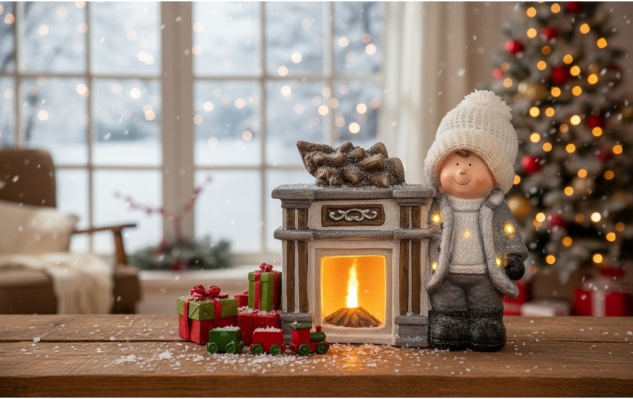 Figurka świąteczna Kominek Chłopiec świecący LED H35 cm