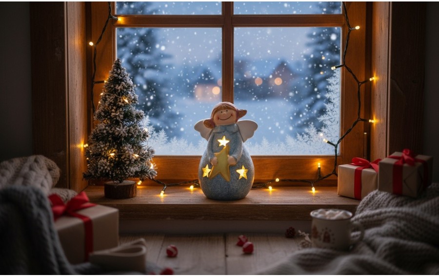 Figurka ozdobna świecąca Aniołek niebieski 14 cm