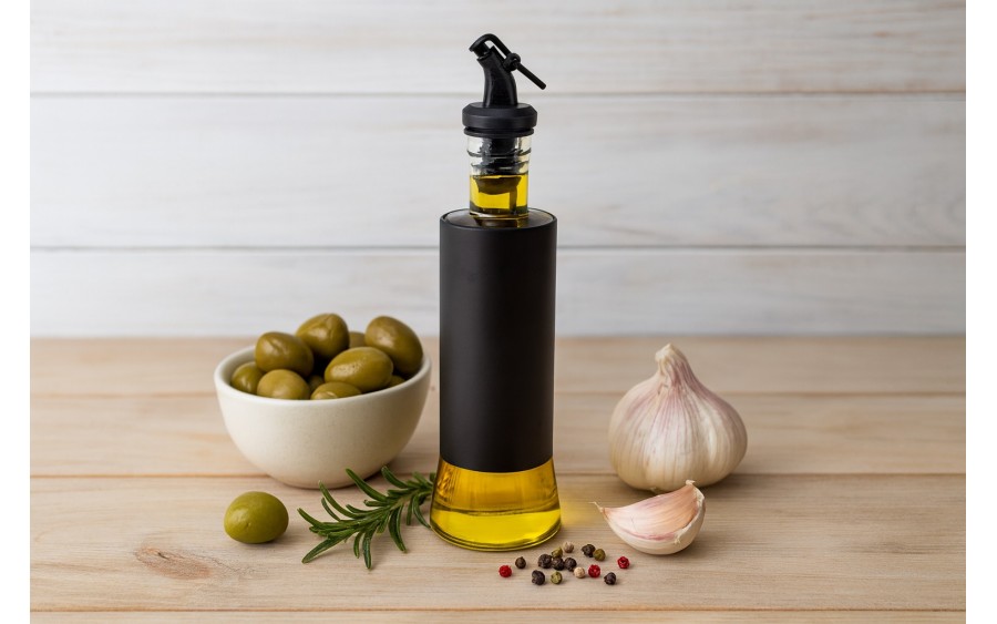 Szklana butelka na ocet i oliwę 350 ml czarna osłonka