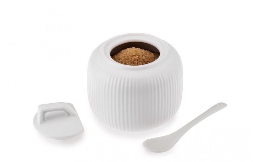 Cukiernica porcelanowa OSBORN biała| ryflowana z łyżeczką