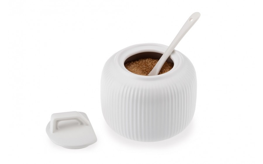 Cukiernica porcelanowa OSBORN biała| ryflowana z łyżeczką
