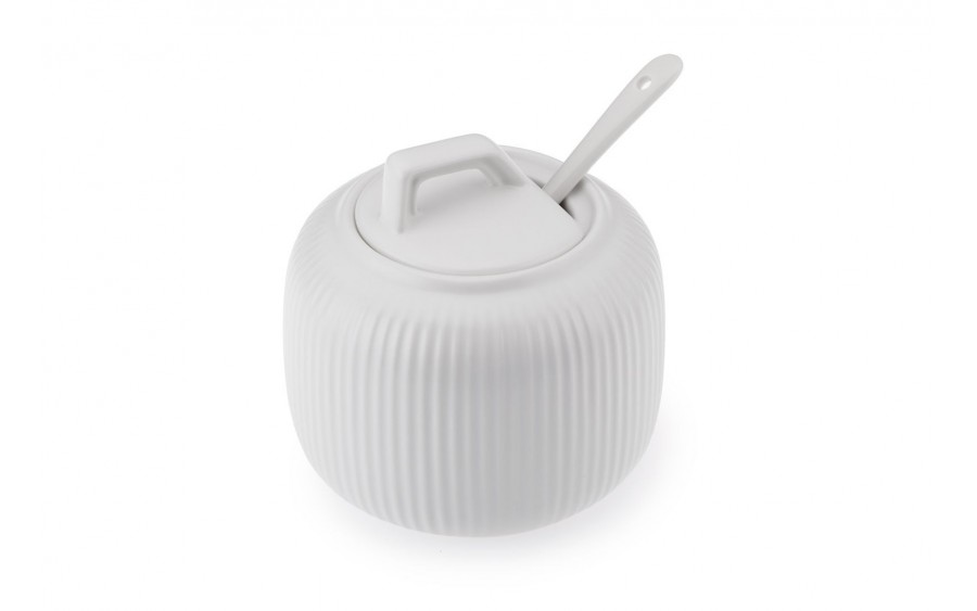 Cukiernica porcelanowa OSBORN biała| ryflowana z łyżeczką