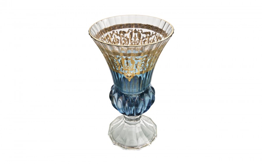 Wazon kryształowy 35 cm na nodze Blue-FT-AD Combo Glass złote zdobienie