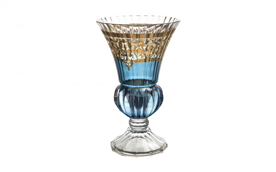Wazon kryształowy 35 cm na nodze Blue-FT-AD Combo Glass złote zdobienie