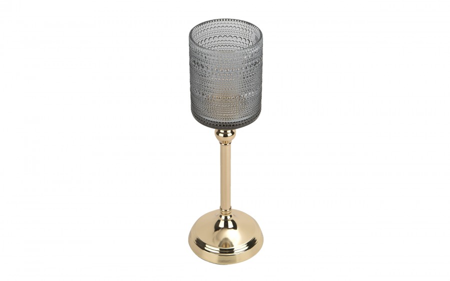 Kielichowy świecznik szklany Dekor-Pap CX0919, szaro złoty, 36 cm, elegancka dekoracja wnętrz