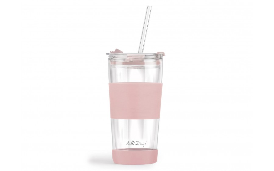Kubek termiczny szklany ze słomką 600 ml różowy Fuori 30411