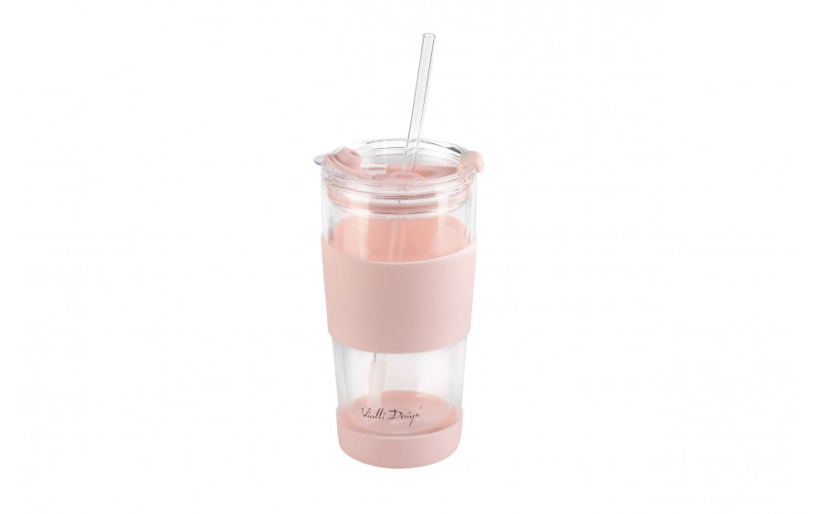Kubek termiczny szklany ze słomką 600 ml różowy Fuori 30411
