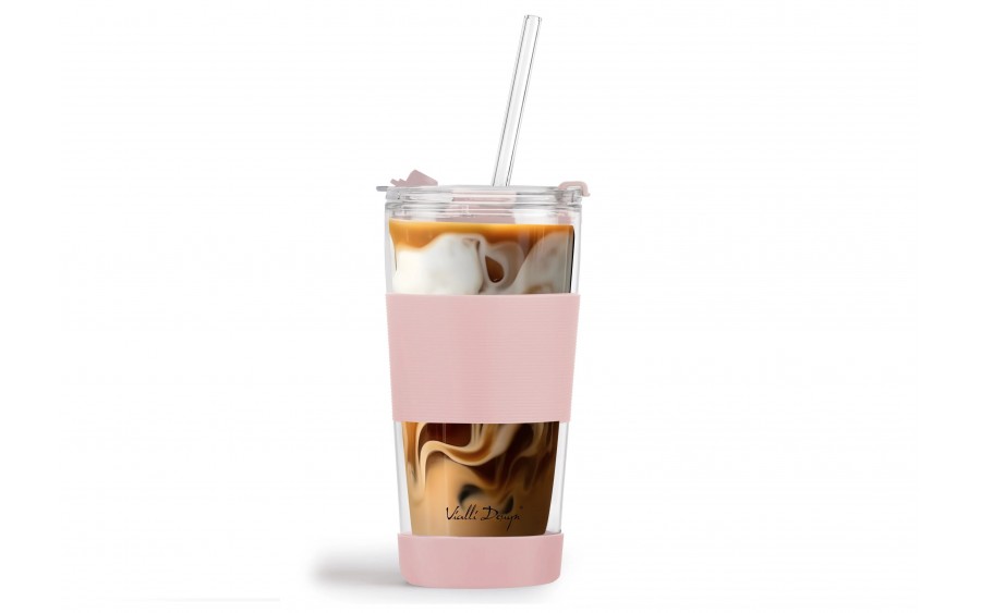 Kubek termiczny szklany ze słomką 600 ml różowy Fuori 30411