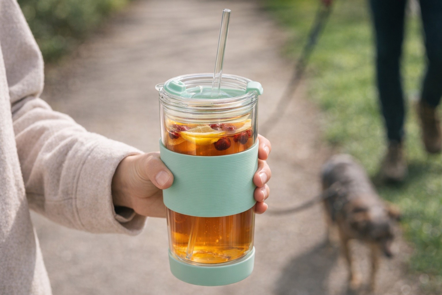 Kubek termiczny szklany ze słomką 600 ml miętowy Fuori 30428