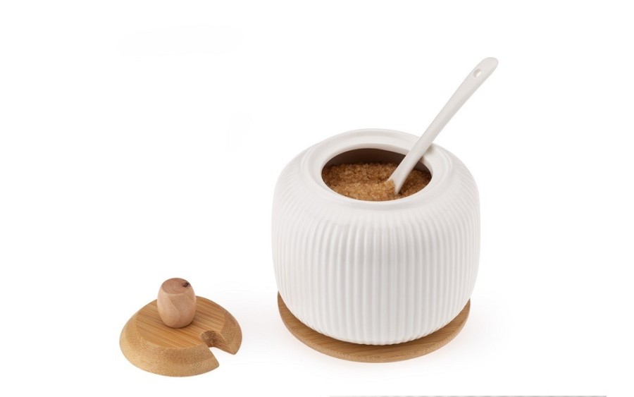 Cukiernica porcelanowa OSBORN czarna z połyskiem | ryflowana z łyżeczką