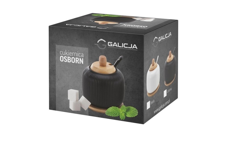 Cukiernica porcelanowa OSBORN czarna z połyskiem | ryflowana z łyżeczką