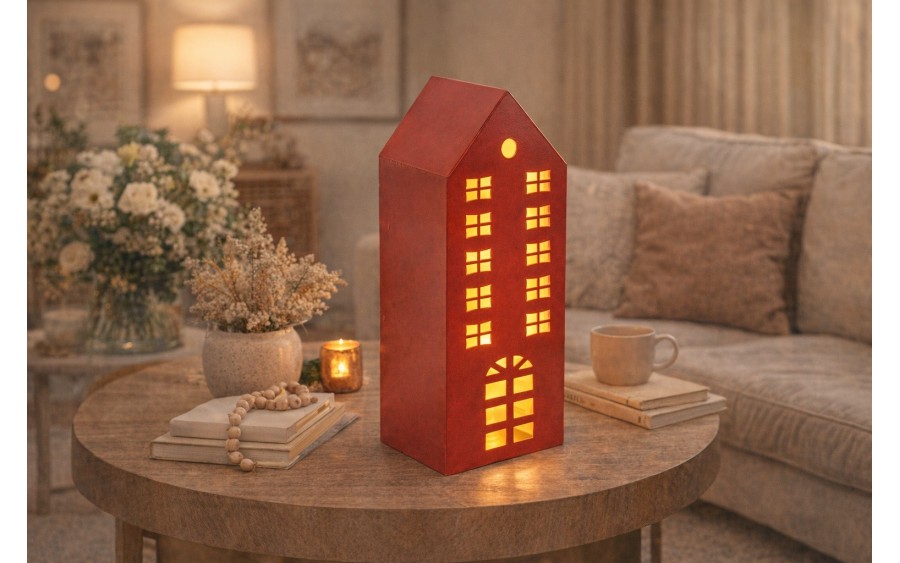 Domek dekoracyjny metalowy 35,5 cm czerwony – całoroczna lampionowa ozdoba do wnętrz | styl loft, scandi, hygge