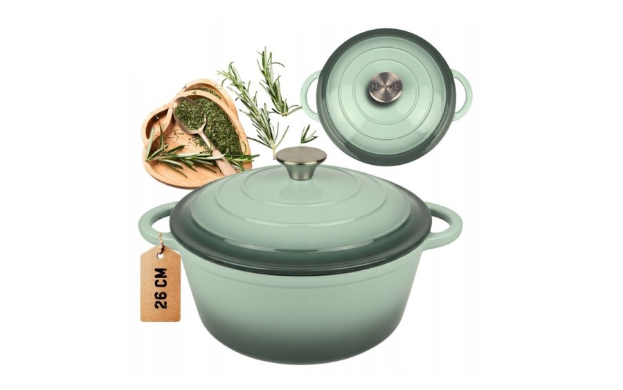 Garnek żeliwny emaliowany 5L 26 cm miętowy indukcja piekarnik elegancki garnek kuchenny