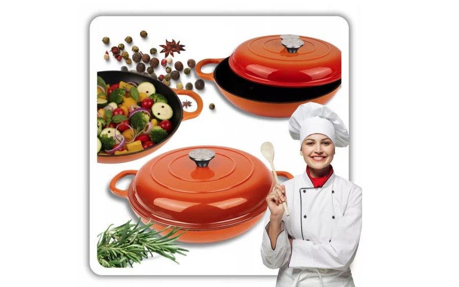 Garnek żeliwny emaliowany niski 30 cm pomarańczowy DN30