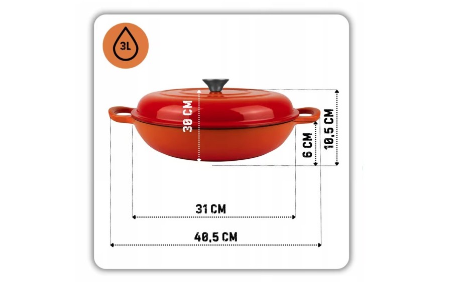 Garnek żeliwny emaliowany niski 30 cm pomarańczowy DN30