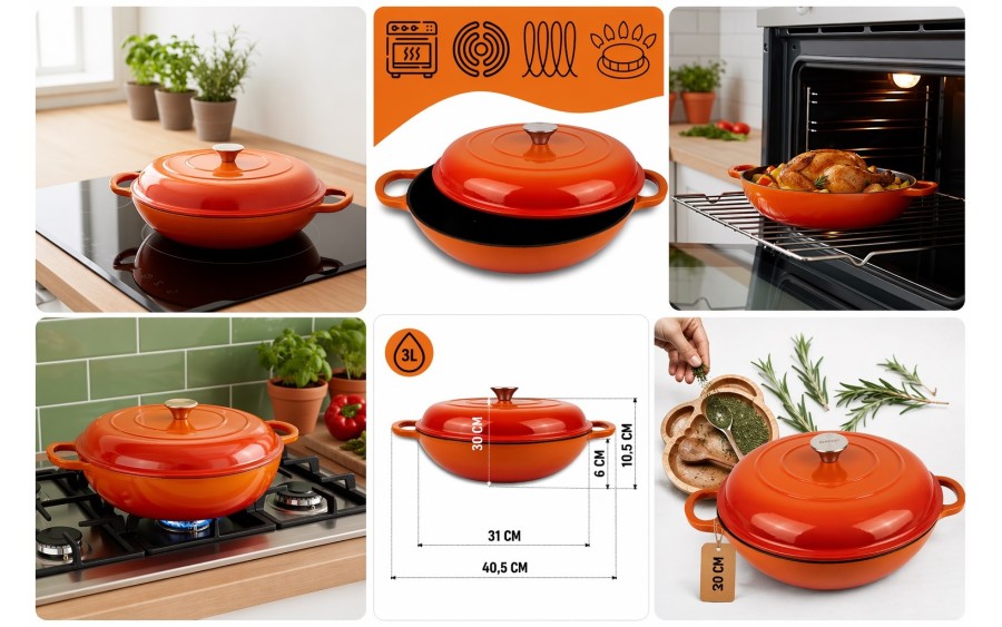 Garnek żeliwny emaliowany niski 30 cm pomarańczowy DN30