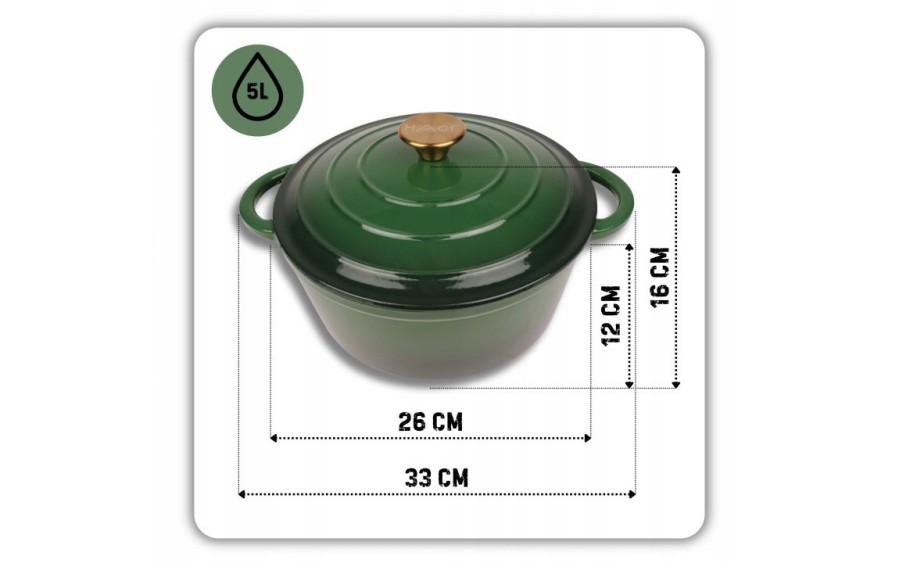 Garnek żeliwny emaliowany 5L 26 cm zieleń butelkowa indukcja piekarnik elegancki garnek kuchenny