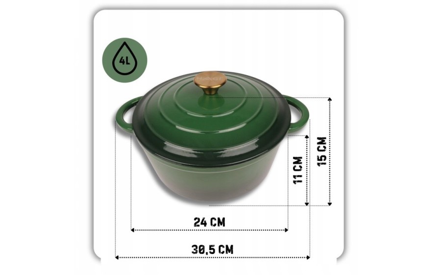 Garnek żeliwny emaliowany 4L 24 cm butelkowa zieleń indukcja piekarnik elegancki garnek kuchenny
