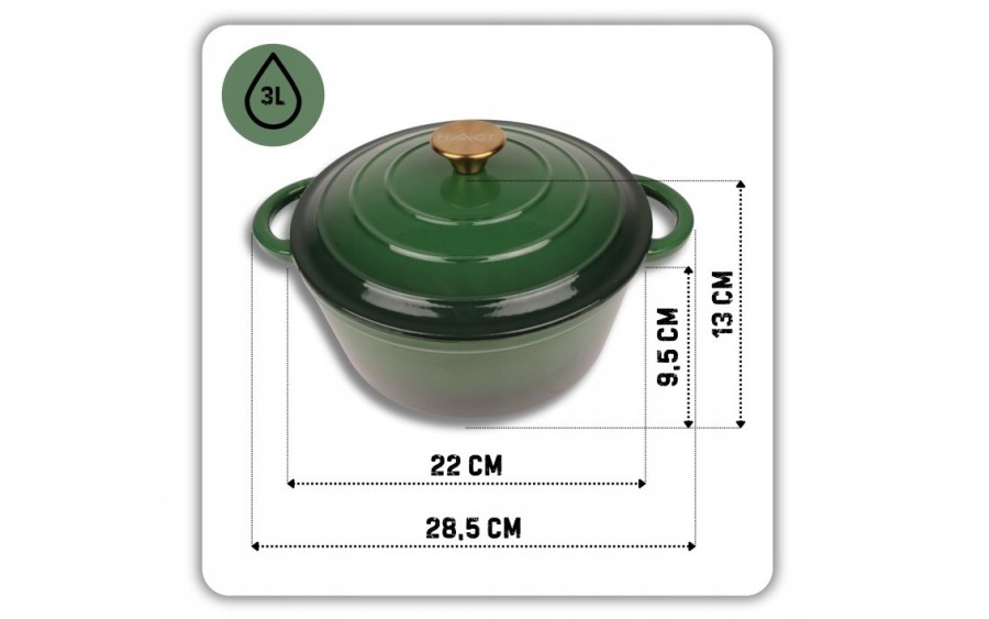 Garnek żeliwny emaliowany 3L 22cm butelkowa zieleń indukcja piekarnik elegancki garnek kuchenny