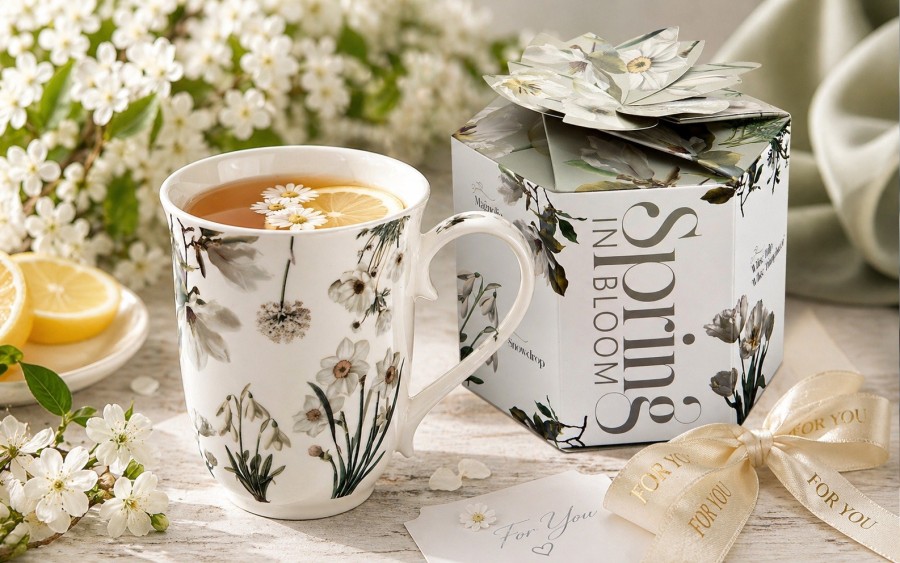 Kubek porcelanowy 460 ml BIAŁE KWIATY vintage w pudełku prezentowym Spring in Bloom