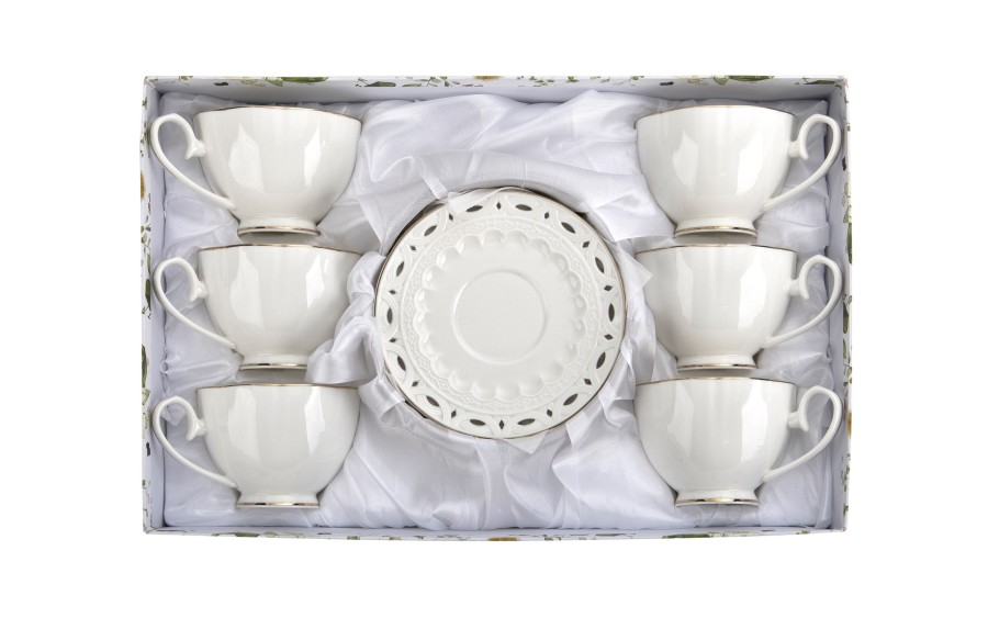 Komplet filiżanek 6x250 ml Veroni Nina ecru złoto | Elegancki prezent ślubny i na Dzień Matki