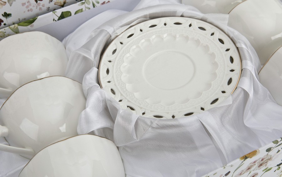 Komplet filiżanek 6x250 ml Veroni Nina ecru złoto | Elegancki prezent ślubny i na Dzień Matki