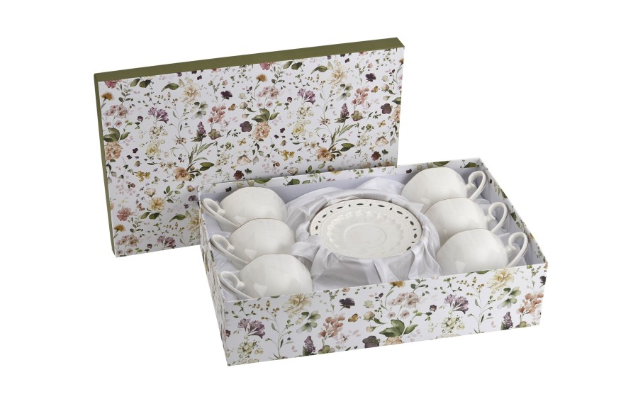 Komplet filiżanek 6x250 ml Veroni Nina ecru złoto | Elegancki prezent ślubny i na Dzień Matki